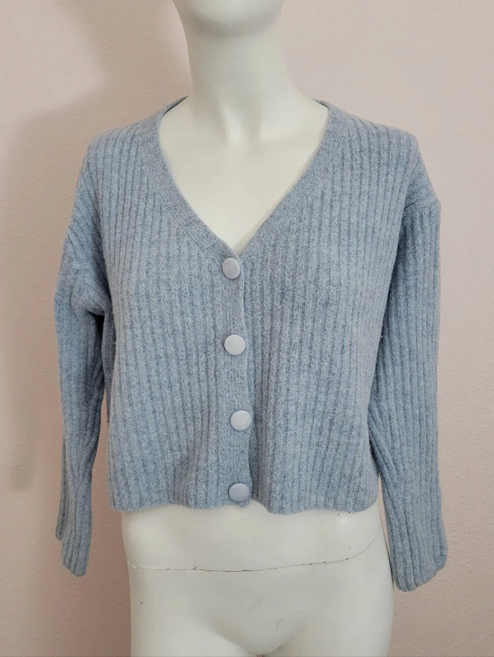 Princess Polly Light Blue Wool Blend Ribbed Cropped Cardigan S/M